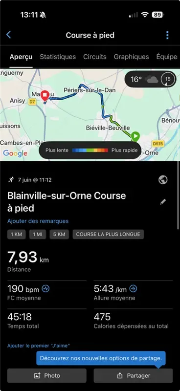 Ecran de l'application Garmin Connect lors du marathon relais de Caen