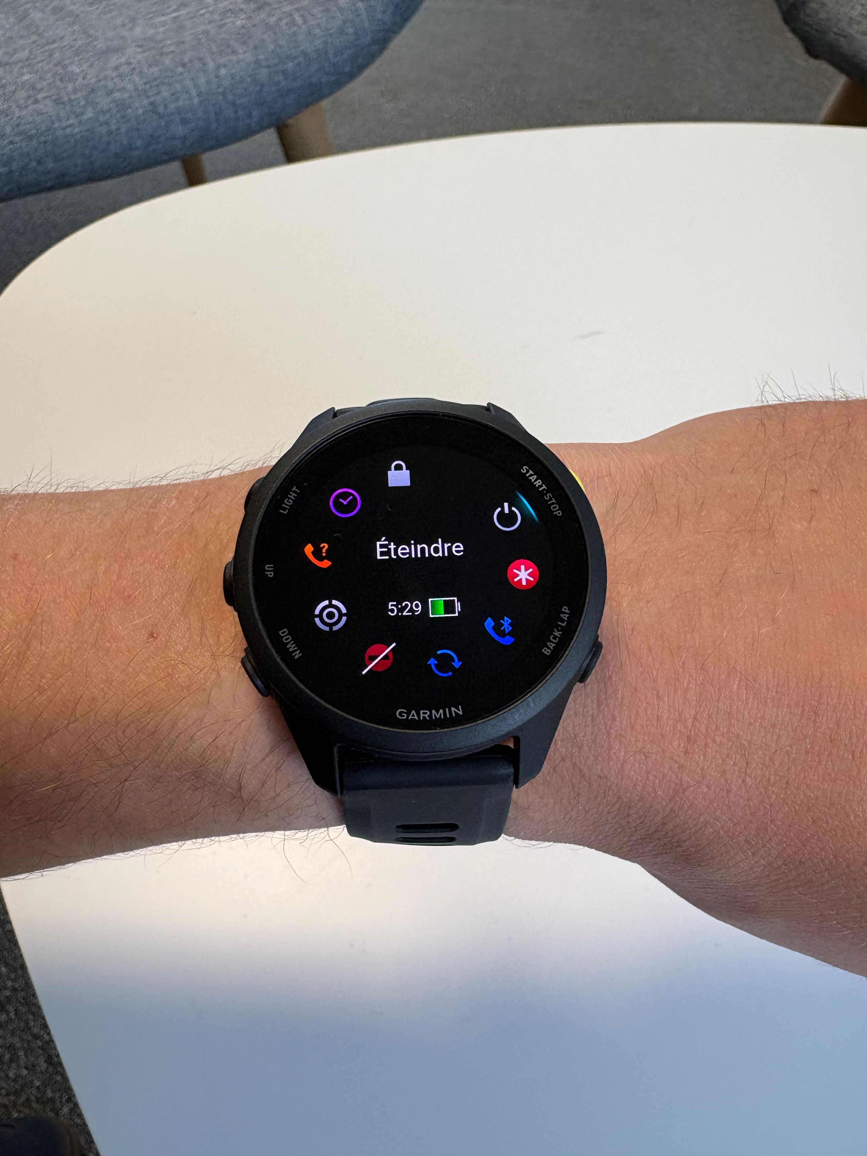 Menu avec les principales fonctions de la Forerunner 70