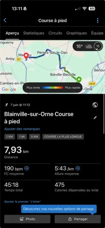 Ecran de l'application Garmin Connect lors du marathon relais de Caen